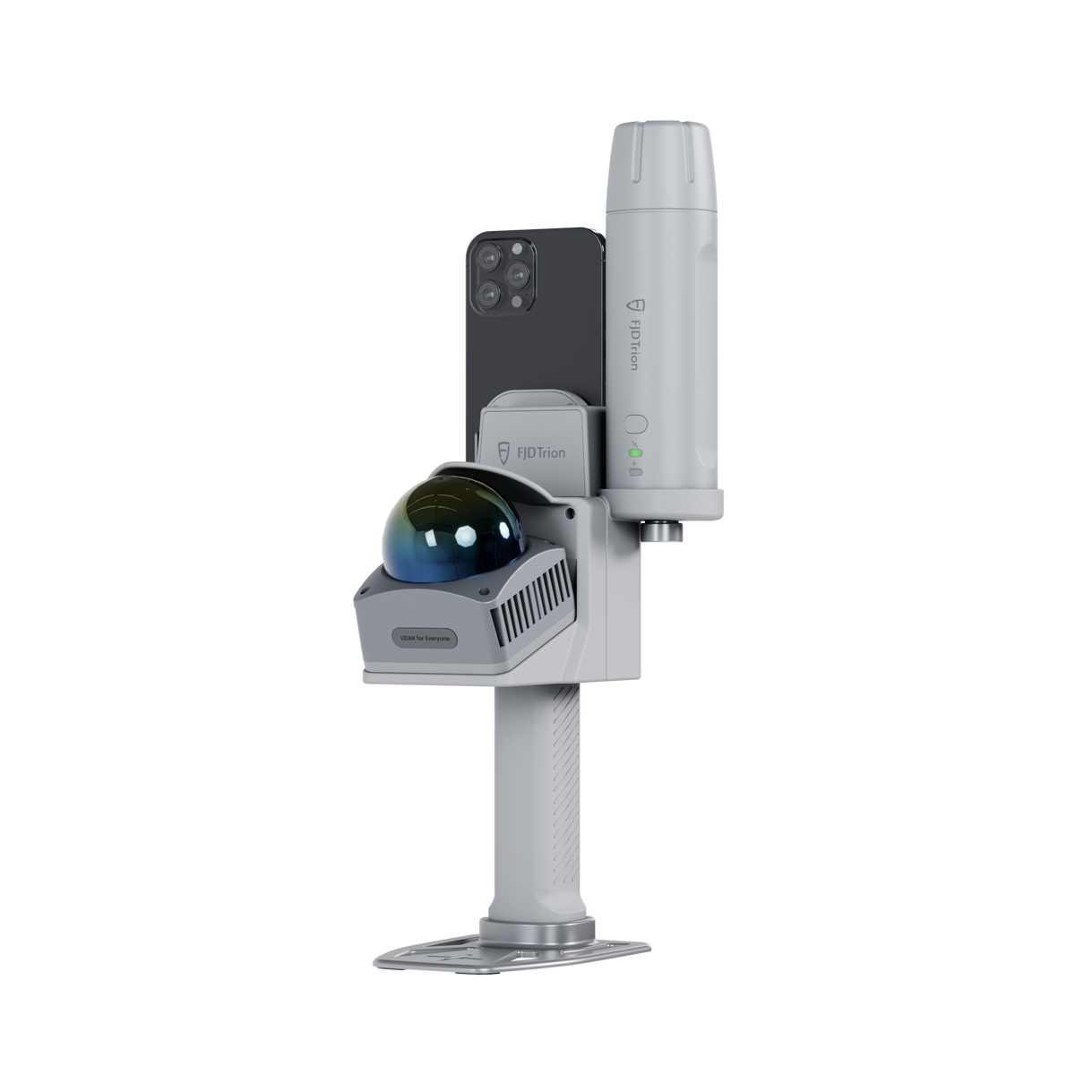 Front view of a modular 3D LiDAR scanner with smartphone holder mount and spherical camera
