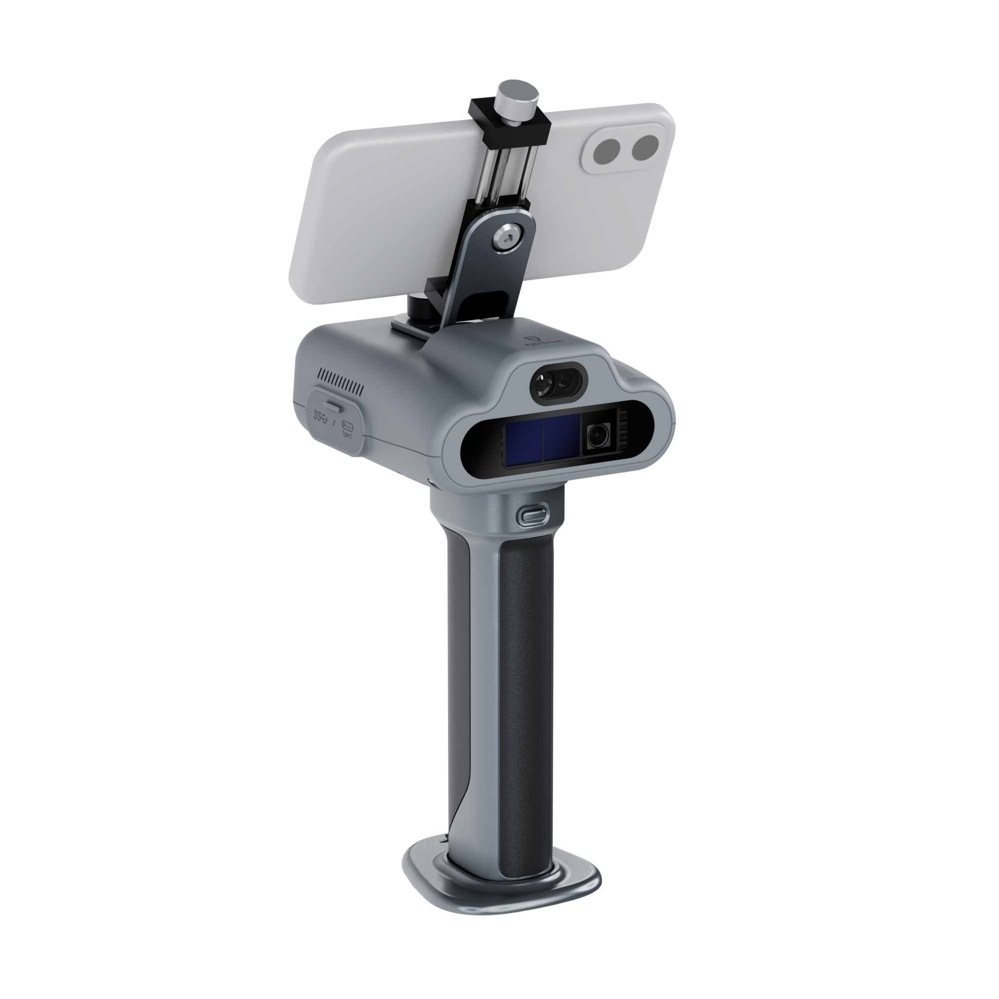 A hand-held gray laser scanner, shown with a smartphone mounted on top for display, facing forward.