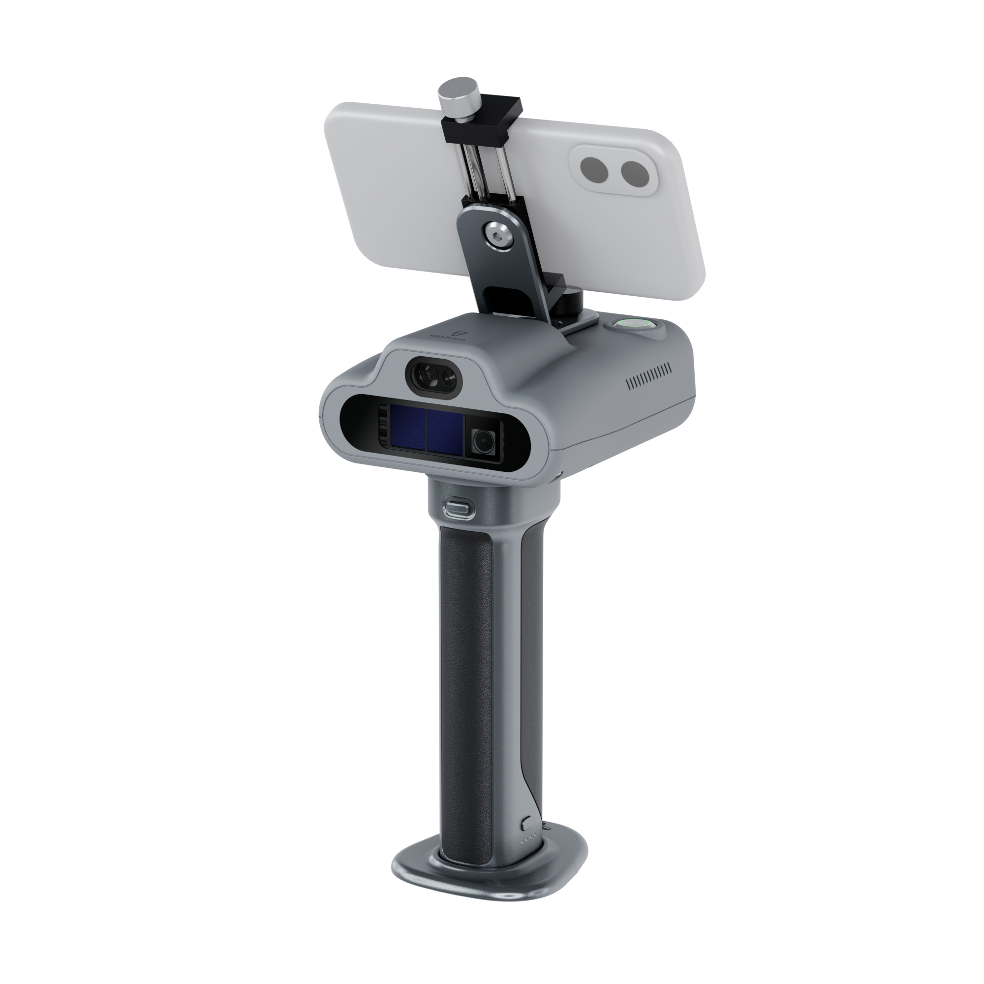 The rear of the gray hand-held laser scanner, featuring the grip and the back of the mounted smartphone.