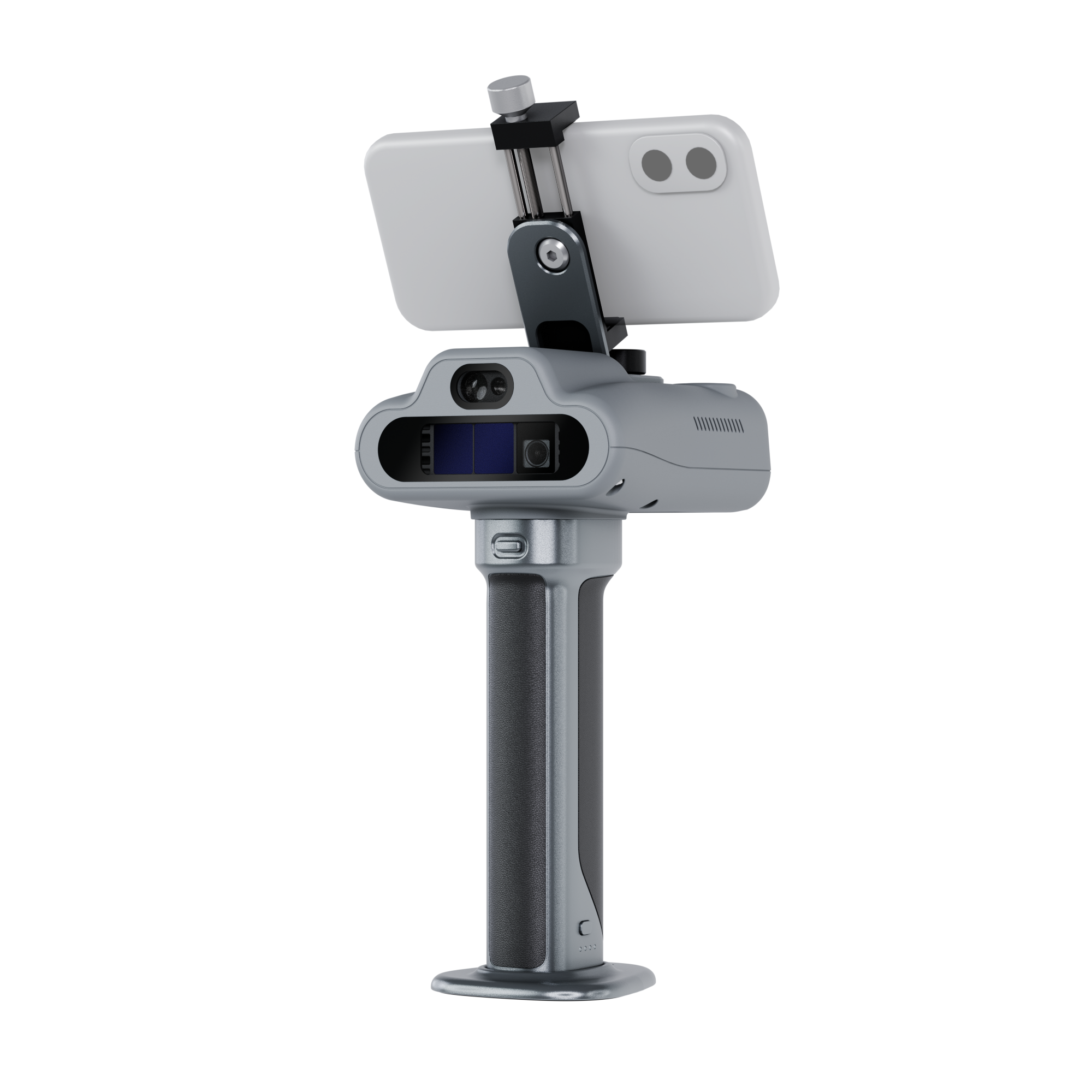 An alternative rear-quarter view of the scanner and smartphone device, highlighting the ergonomic design of the handle.