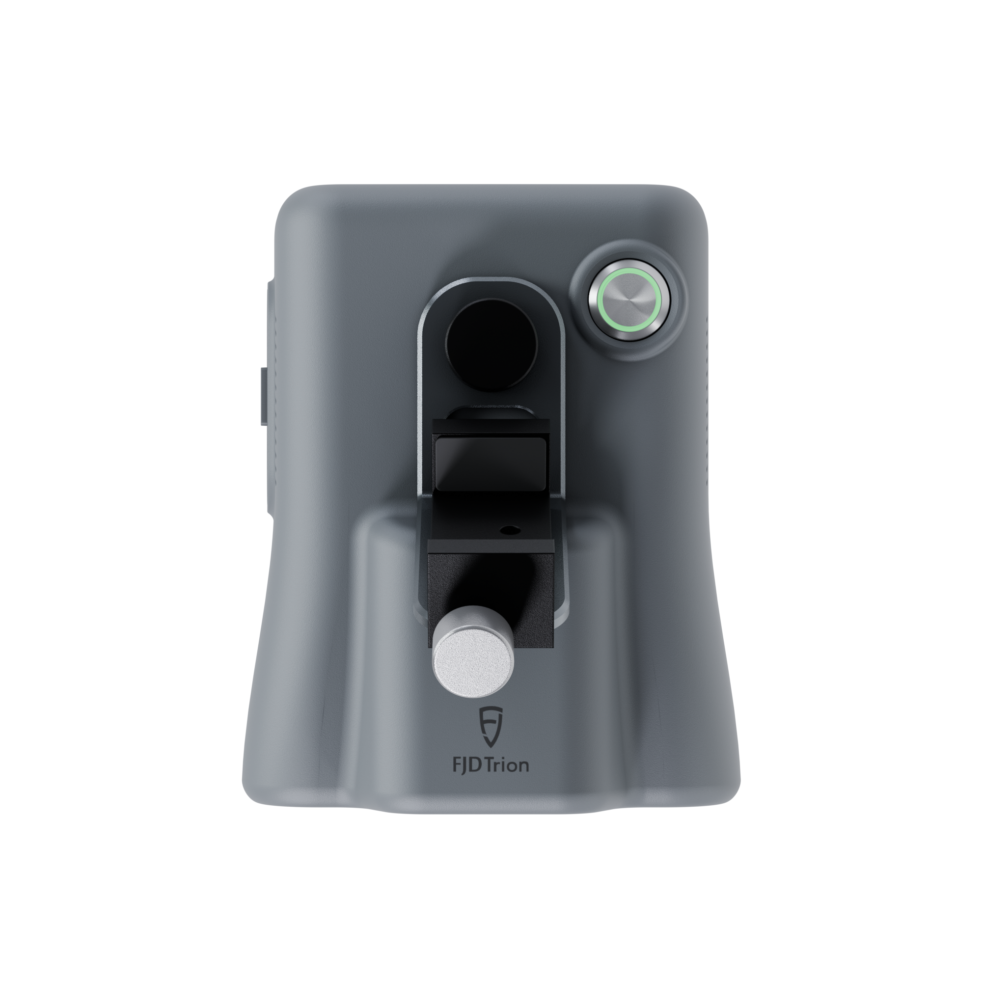 A top-down perspective of the laser scanner without the smartphone, revealing the flat mounting surface, connection interfaces, and a circular button or level.