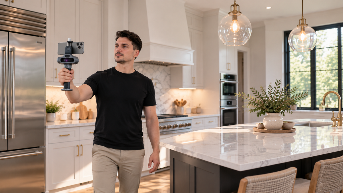 A man scan a kitchen by C1 indoor scanner  for remodeling