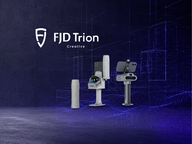 FJD Trion Creative 3D scanning and RTK surveying equipment lineup, including handheld LiDAR scanners and GNSS receivers against a digital point cloud background.