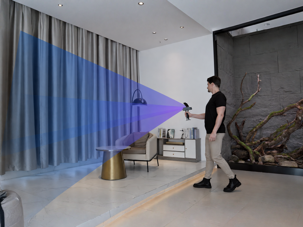 Man scanning a modern living room with C1  scanner emitting purple laser beam