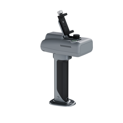 C1 handheld room scanner rear view showing ergonomic grip and phone holder arm