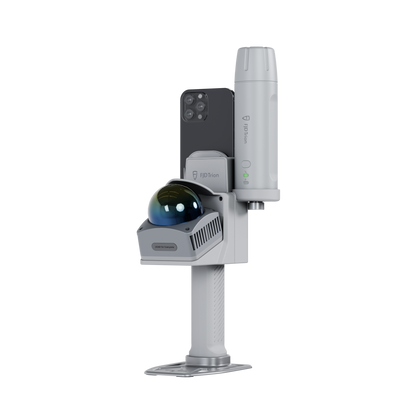 Front view of a modular 3D LiDAR scanner with smartphone holder mount and spherical camera