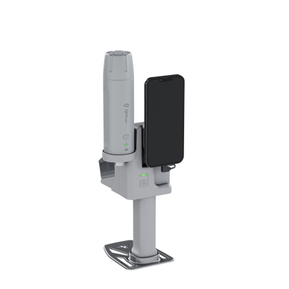 Back-side isometric view of a hand-held 3D LiDAR system with smartphone integration