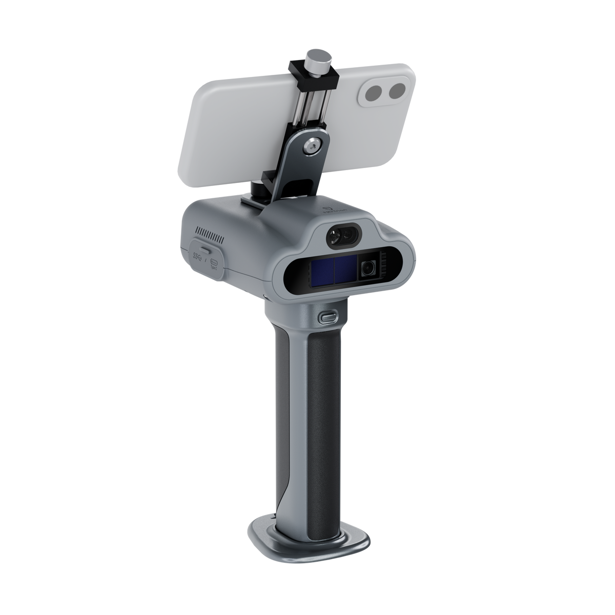 A hand-held gray laser scanner, shown with a smartphone mounted on top for display, facing forward.