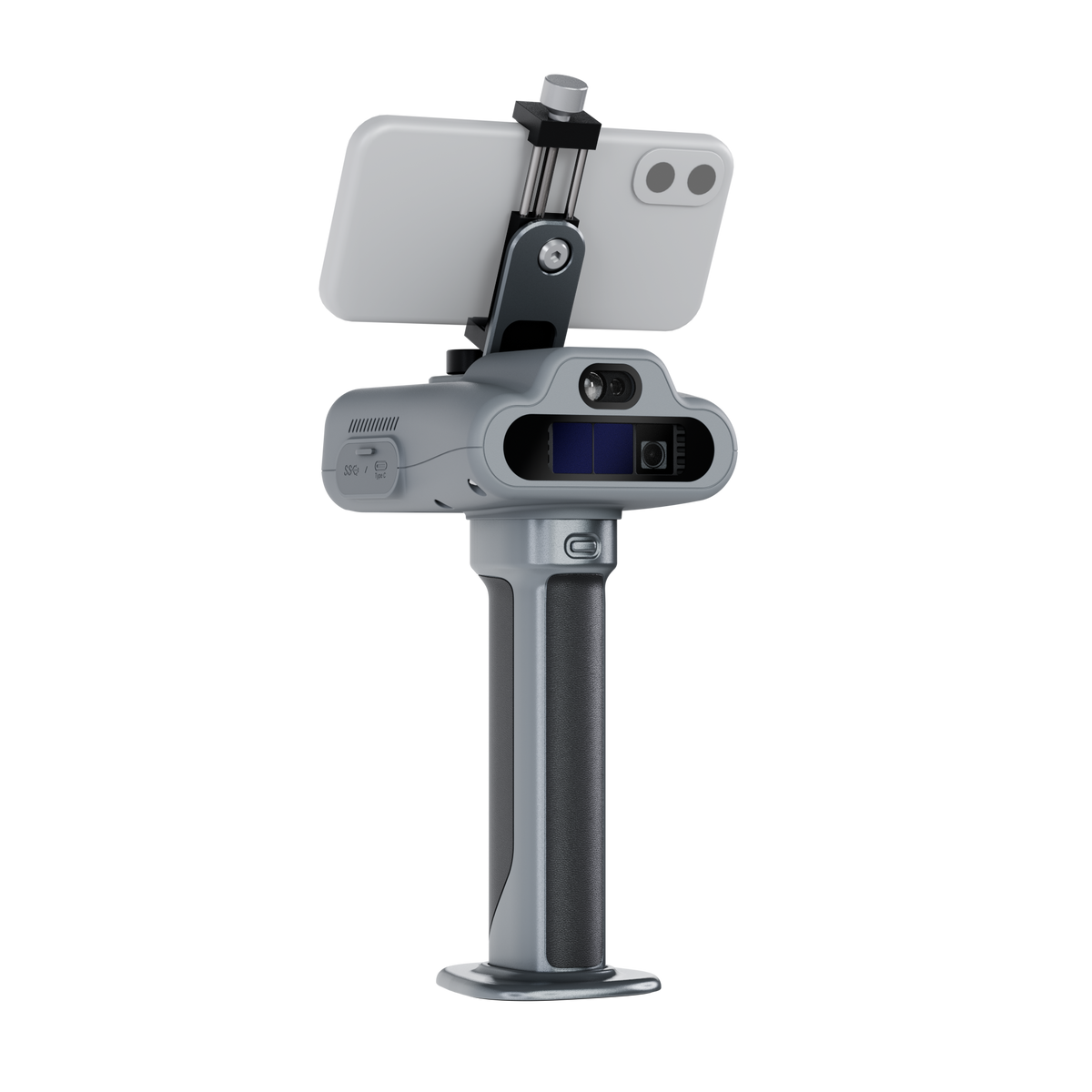 A side-rear view of the gray laser scanner and mounted smartphone, showing the hand grip and connection point.