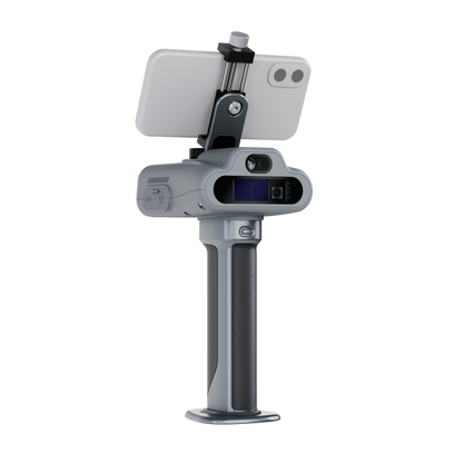 A side-rear view of the gray laser scanner and mounted smartphone, showing the hand grip and connection point.