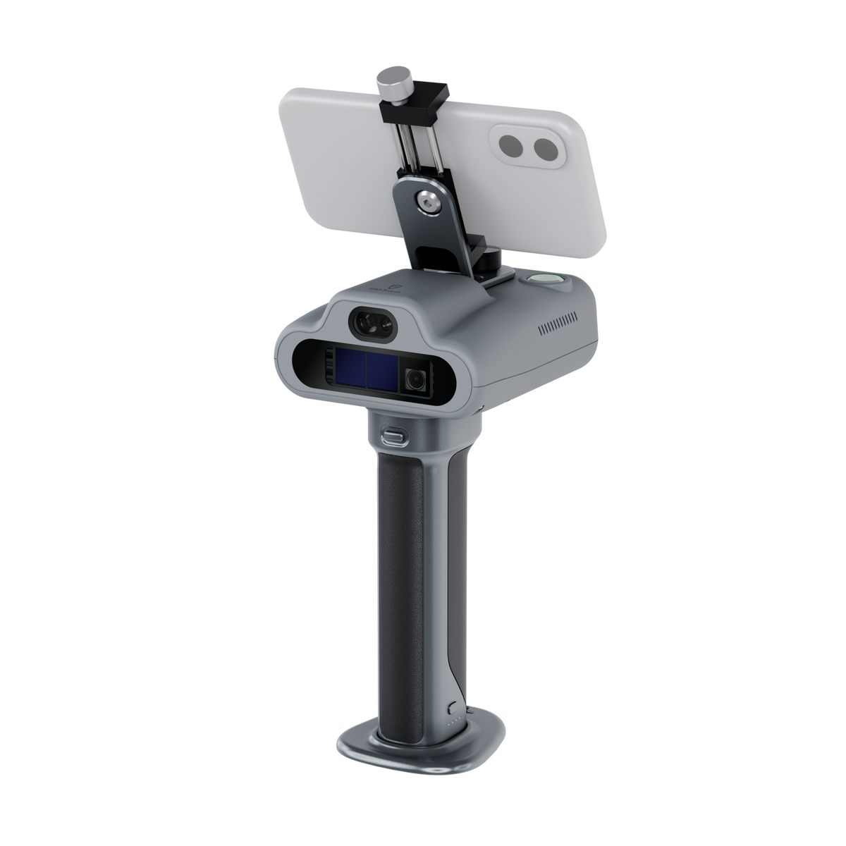 The rear of the gray hand-held laser scanner, featuring the grip and the back of the mounted smartphone.