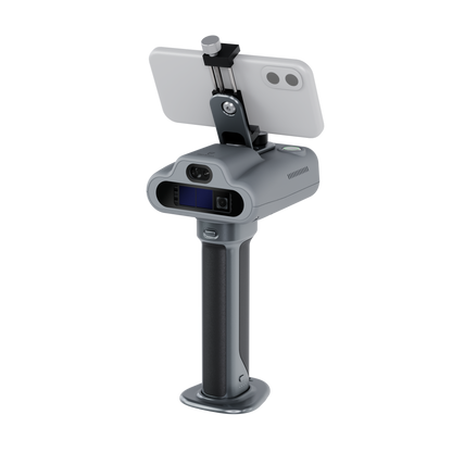 The rear of the gray hand-held laser scanner, featuring the grip and the back of the mounted smartphone.