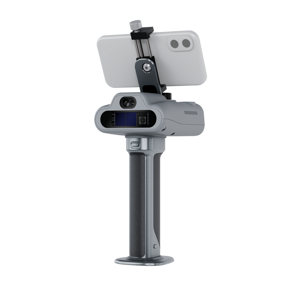 An alternative rear-quarter view of the scanner and smartphone device, highlighting the ergonomic design of the handle.