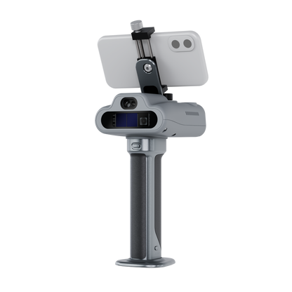 An alternative rear-quarter view of the scanner and smartphone device, highlighting the ergonomic design of the handle.