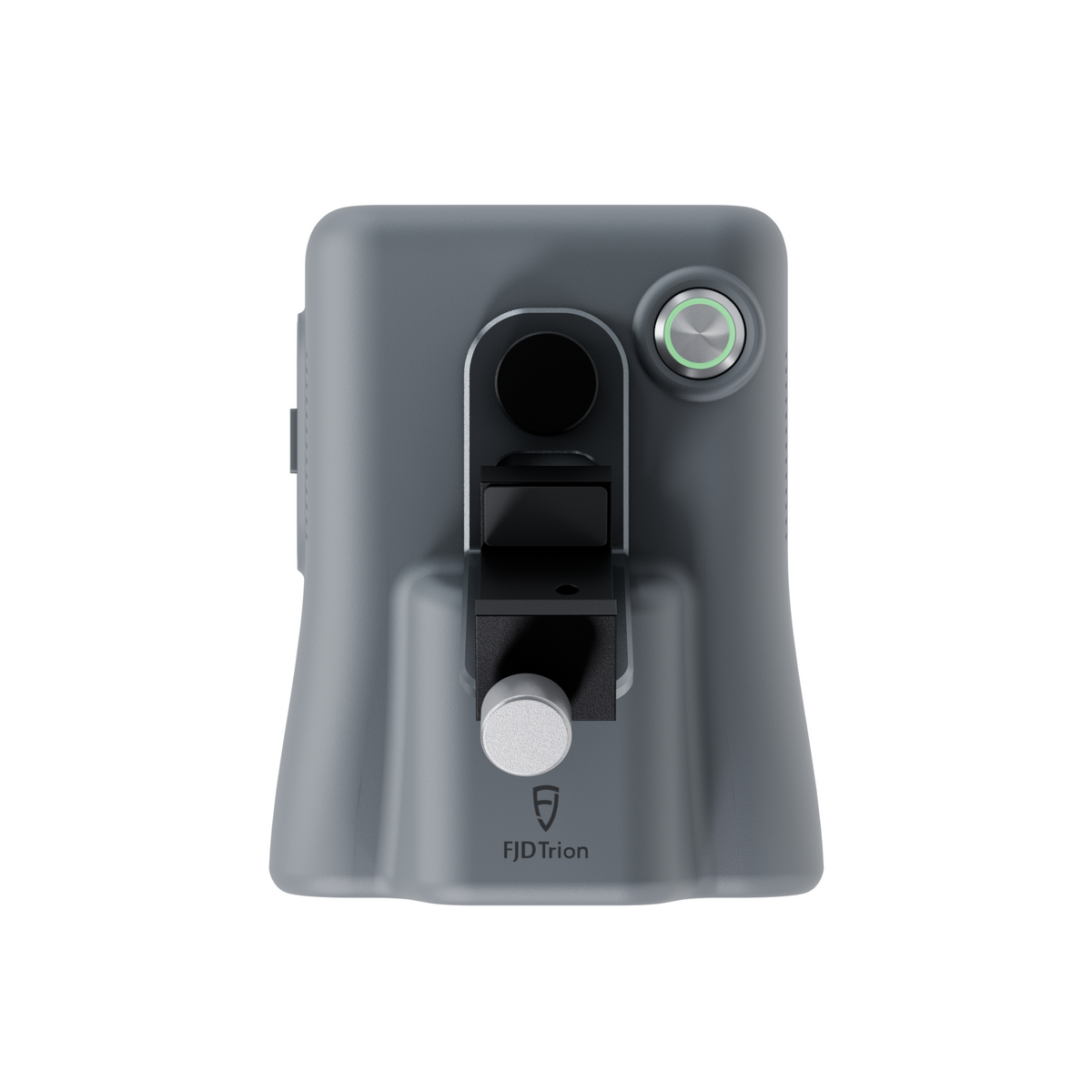 A top-down perspective of the laser scanner without the smartphone, revealing the flat mounting surface, connection interfaces, and a circular button or level.