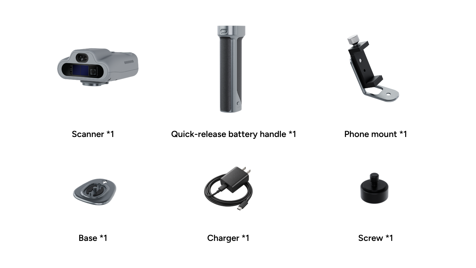 C1 complete package contents – scanner, quick-release battery handle, phone holder bracket, phone holder clamp, base, charger, and screw