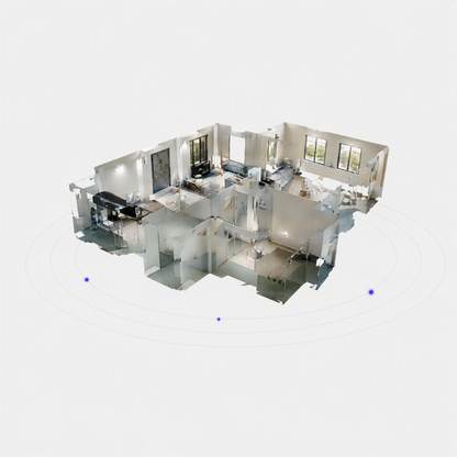 Perspective 3D mesh reconstruction of indoor building space from laser scan, showing fragmented room geometry
