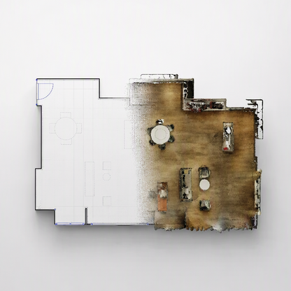 Top‑down 3D scan view of building floor plan with partial textured reconstruction and blank white areas