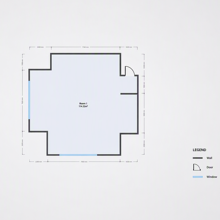 Top‑down orthographic 2D floor plan outline from 3D scan, white empty interior with building boundary shape