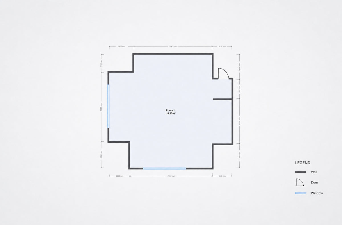 Top‑down orthographic 2D floor plan outline from 3D scan, white empty interior with building boundary shape