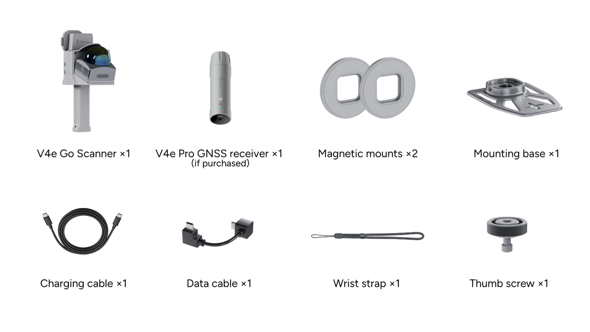 FJD Trion V4e Go package contents, including scanner, optional V4e Pro GNSS receiver, magnetic mounts, mounting base, cables, wrist strap, and thumb screw